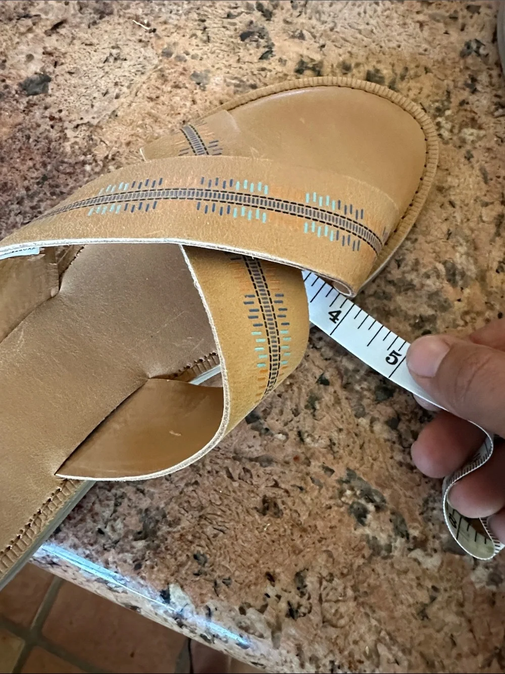 TOMS tan leather crossband slide sandals with colorful blue, aqua & orange print